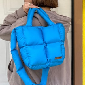 Puffer bag in color blue, handmade puffer tote bag, puffy crossbody bag, quilted pillow bag with zipper, limited edition bag