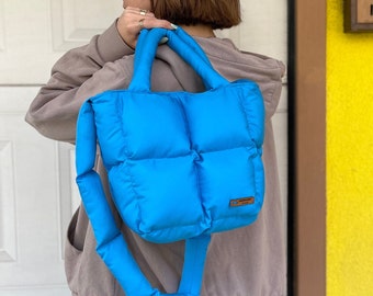 Puffer bag in color blue, handmade puffer tote bag, puffy crossbody bag, quilted pillow bag with zipper, limited edition bag