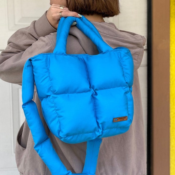Puffer bag in color blue, handmade puffer tote bag, puffy crossbody bag, quilted pillow bag with zipper, limited edition bag