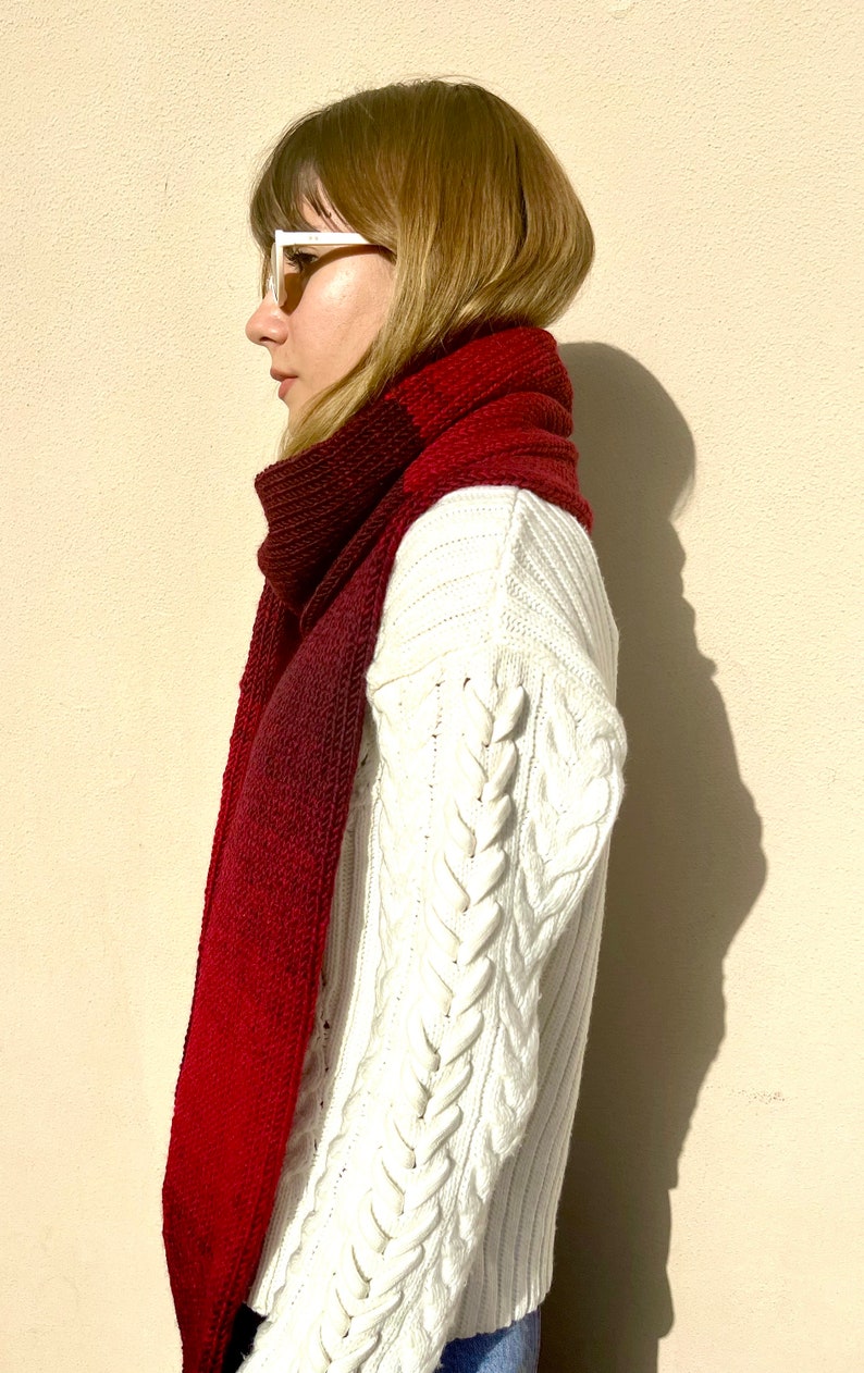 Hand knitted scarf in gradient red tones, cozy winter accessory, handmade neckwear made from 25% wool image 8