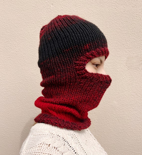 Balaclava Ski Mask in Degrade Red and Dark Gray | Wool Knit