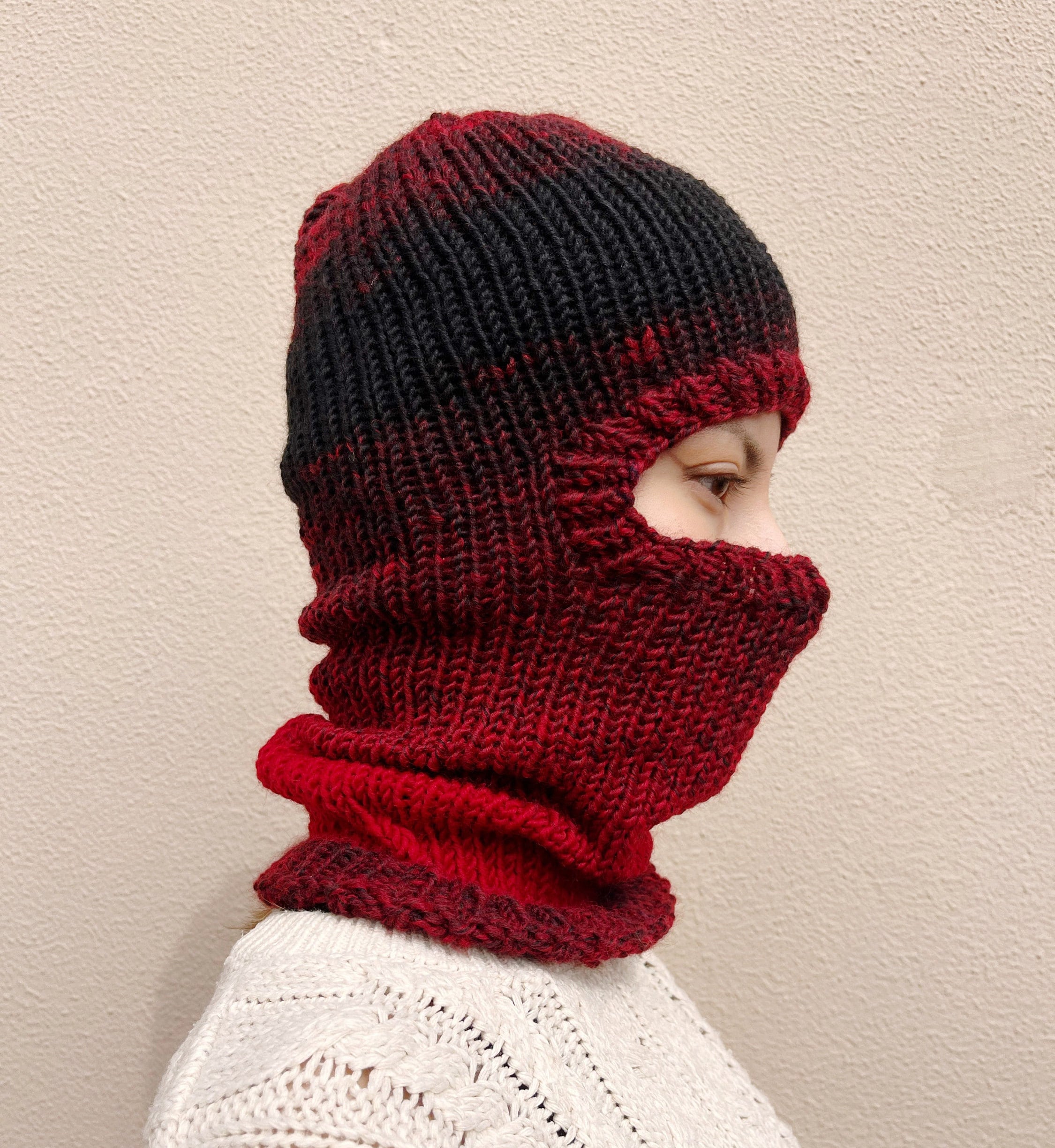 Balaclava Ski Mask in Degrade Red and Dark Gray | Wool Knit