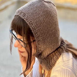Hand Knit Wool Blend Balaclava: Taupe Brown Winter Knit Hood