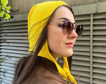 Yellow Balaclava Tie Bonnet Vegan Winter Hat Adult Bonnet Balaclava Cotton Hood Woman Knit Balaclava Scarf Knit Bonnet Gift For Yellow Lover