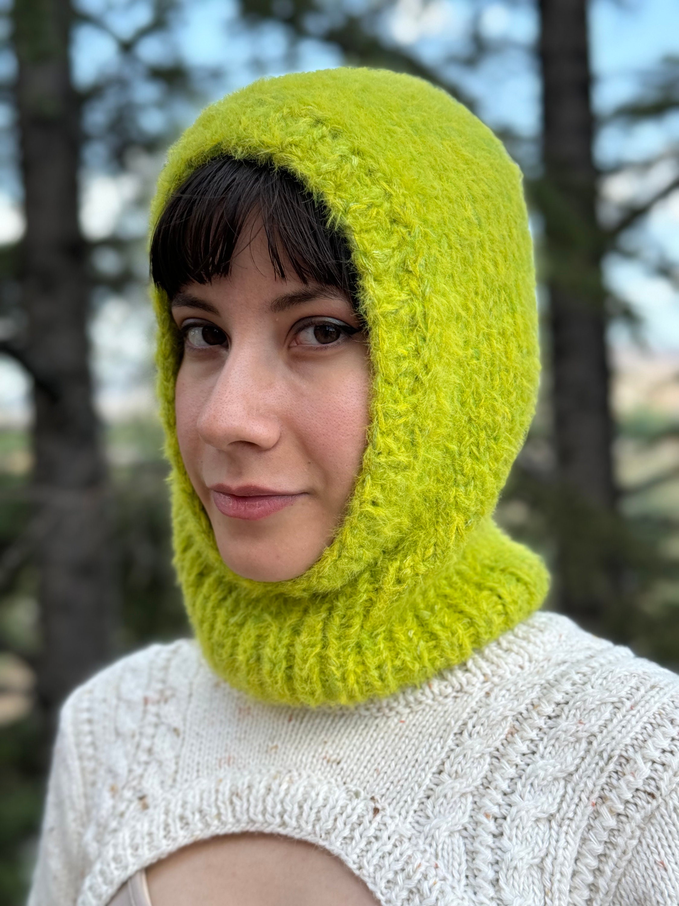 Green fluffy balaclava knit, handmade vibrant lime green hood, furry balaclava for men and women, balaclava ski mask, vegan knit hood Green fluffy balaclava knit, handmade vibrant lime green hood, furry balaclava for men and women, balaclava ski mask, vegan knit hood