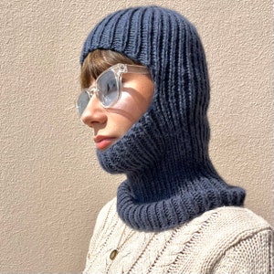 Hand Knitted Denim Blue Balaclava: Wool Blend Full Face Cover