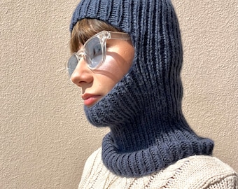 Hand knitted balaclava in denim blue, fitted balaclava for men, handmade full face cover, women’s balaclava, wool ski mask