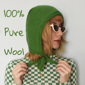 Knit bonnet, bow tie green bonnet, hand knitted wool bonnet, pure wool merino bonnet, adult unisex head wear