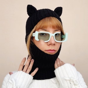 Hand Knitted Cat Ears Balaclava: Black Wool Winter Hood