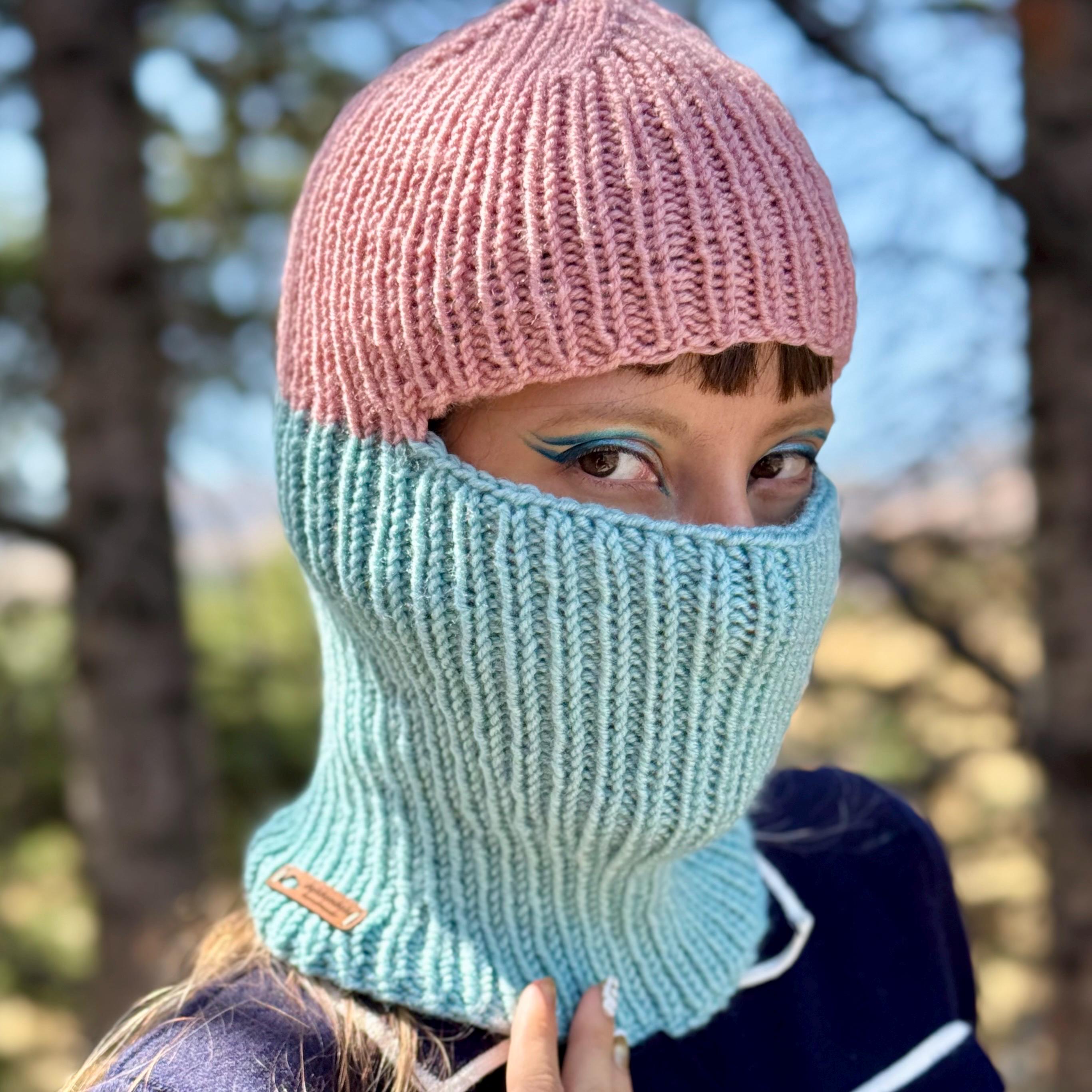 Hand Knitted Wool Balaclava – Pink and Blue Color Block Ski Mask