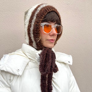 Unique mohair bonnet for adults, brown tones mohair balaclava with ties, super soft fluffy balaclava image 1