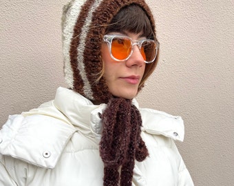 Unique mohair bonnet for adults, brown tones mohair balaclava with ties, super soft fluffy balaclava