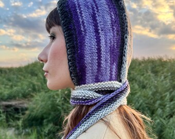 Handmade Variegated Wool Blend Knit Bonnet: Purple, Lilac & Grey