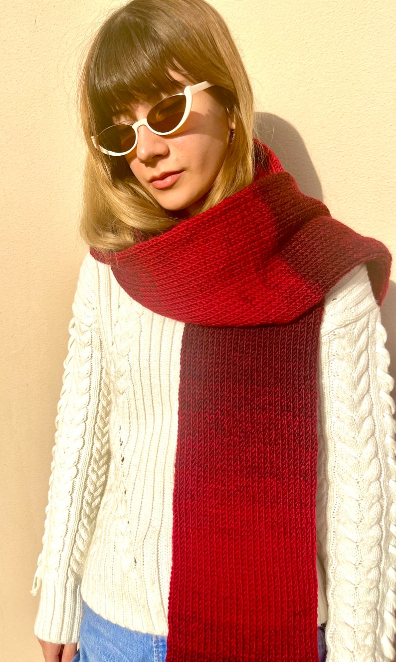 Hand knitted scarf in gradient red tones, cozy winter accessory, handmade neckwear made from 25% wool image 5
