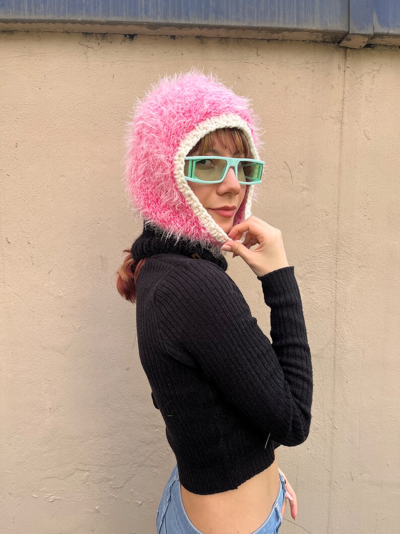 Fuzzy balaclava knit, hand knitted fluffy balaclava in pink black white, colorful cozy hood, unique ski mask image 4