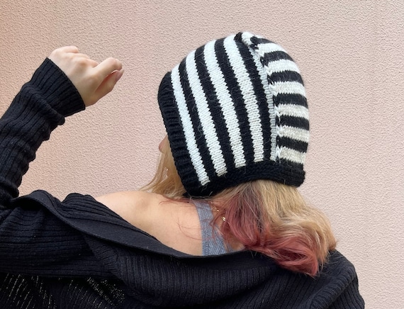 Hand Knitted Adult Bonnet, Striped Bonnet, Black and White