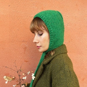 Knit bonnet in green, handmade bonnet for adults, mohair balaclava bonnet, soft wool hood