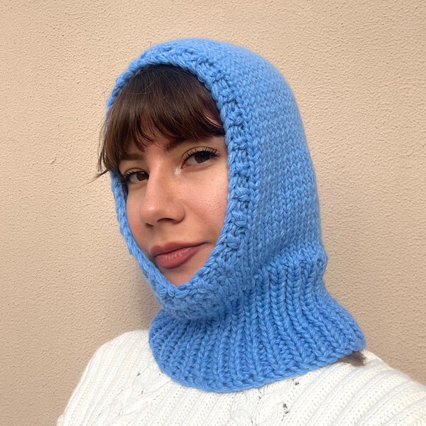 Cornflower knit balaclava, super warm and soft sky blue balaclava, hand knitted blue hood