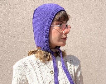 Hand knitted merino wool bonnet for adults in purple