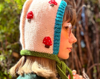 Mushroom bonnet for adults, hand knit balaclava wit ties, unique design helmet with crochet toadstools