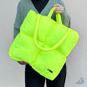 Neon Yellow Large Puffer Bag, Big Size Vibrant Yellow Puffy