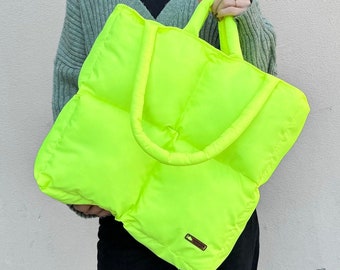 Neon Yellow Puffer Tote Bag: Oversized Quilted Laptop Bag