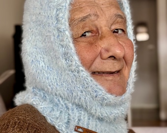 Hand knitted balaclava ice blue fluffy hood super cute beanie balaclava ski mask