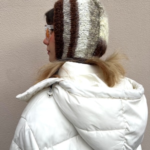 Unique mohair bonnet for adults, brown tones mohair balaclava with ties, super soft fluffy balaclava image 7