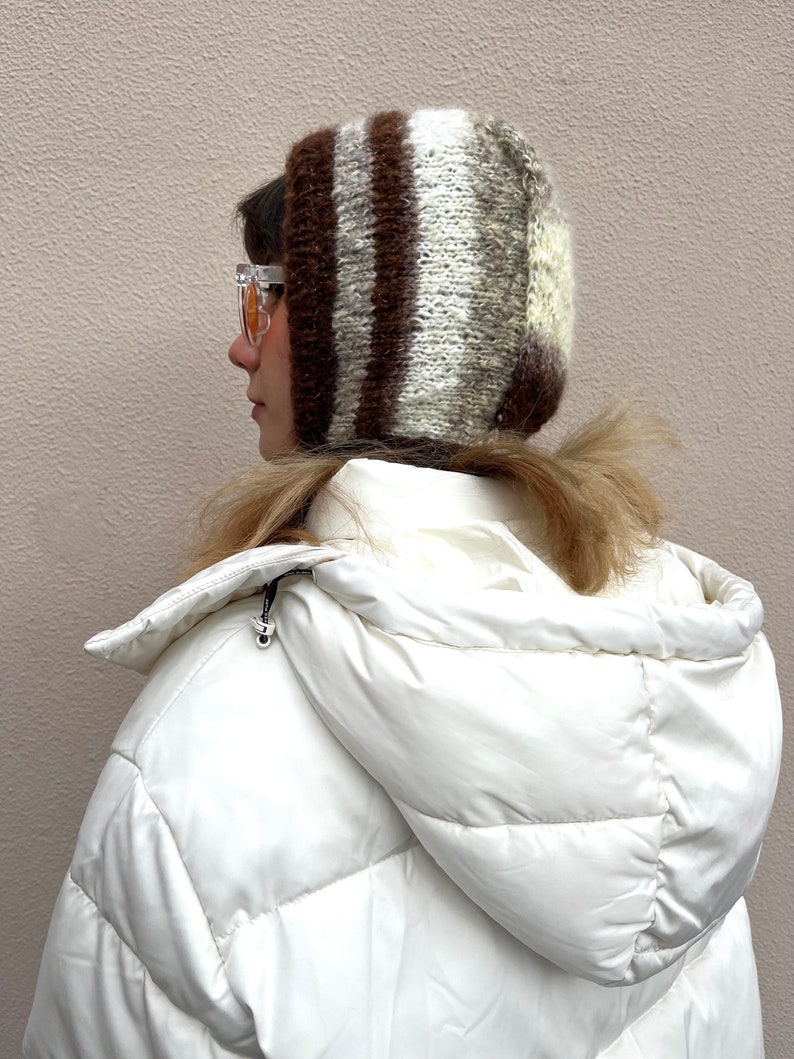 Unique mohair bonnet for adults, brown tones mohair balaclava with ties, super soft fluffy balaclava image 7