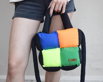 Mini quilted bag in neon colors, puffy tote bag, colorful puffer bag, personalized puffy bag