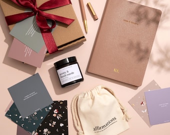 Lined Journal Gift Box Set – Vegan Leather Notebook, Affirmation Cards, Soy Candle | Teacher gift