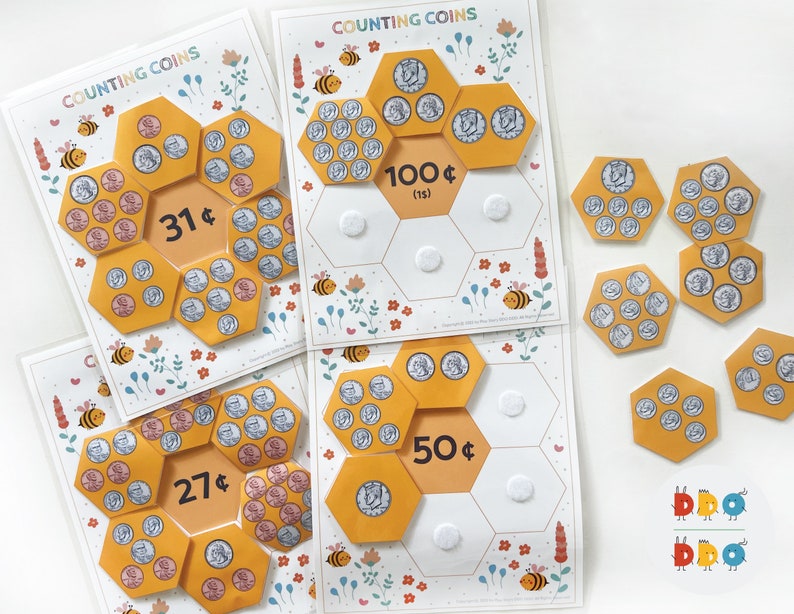 May include: A set of four printable counting coins activity sheets featuring a honeycomb design with bees and flowers. The sheets include different amounts of coins, with totals of 31 cents, 27 cents, 50 cents, and 100 cents.