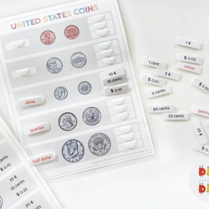 May include: A white educational chart with images of US coins and their corresponding values. The chart is labeled "United States Coins" and includes labels for penny, nickel, dime, quarter, half dollar, and dollar.