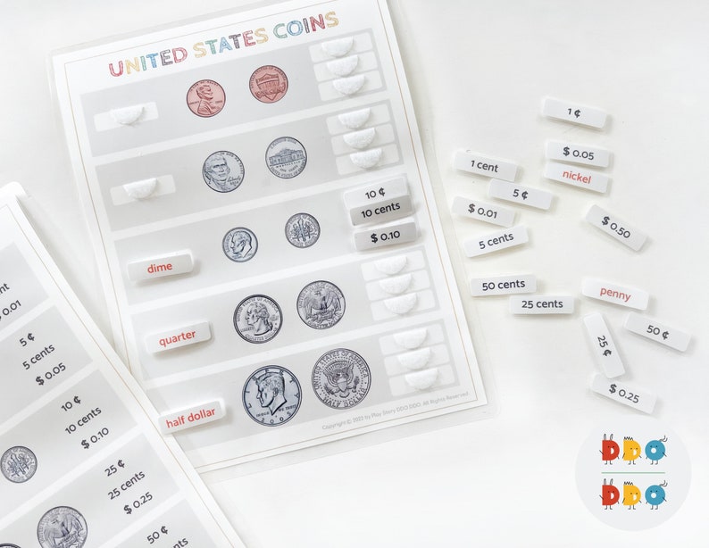 May include: A white educational chart with images of US coins and their corresponding values. The chart is labeled "United States Coins" and includes labels for penny, nickel, dime, quarter, half dollar, and dollar.