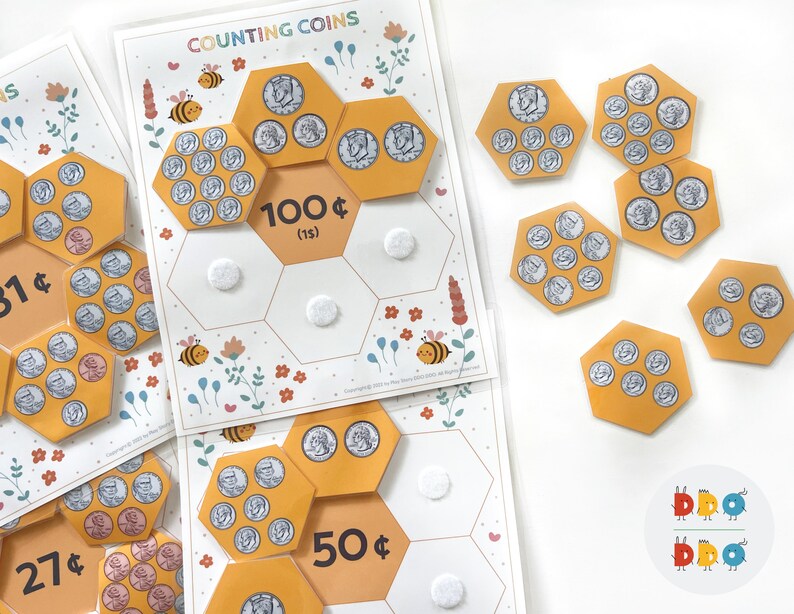 May include: A set of printable counting coins activity sheets with a bee theme. The sheets feature a honeycomb design with coins in each cell. The sheets are labeled with different amounts of money, such as 27&cent;, 50&cent;, and 100&cent;. There are also separate honeycomb pieces with coins that can be used to complete the activity.
