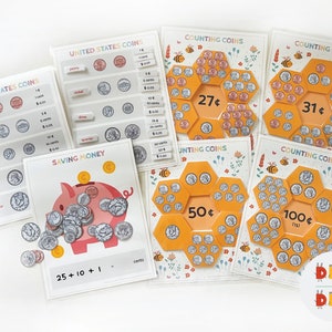 May include: A set of colorful educational cards for learning about US coins. The cards feature images of coins, their values, and counting activities. The cards are designed with a bee theme and include a piggy bank illustration for saving money.