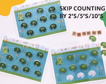 2、5、10 のスキップカウント、カウントマット、数字の学習、ホームスクール教材、学習バインダー、印刷可能なビジーブック、即時ダウンロード