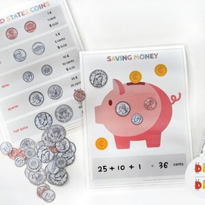 May include: A pink piggy bank with coins inside. The coins are labeled with their values: 25 cents, 10 cents, and 1 cent. The text "25 + 10 + 1 = 36 cents" is written below the piggy bank.