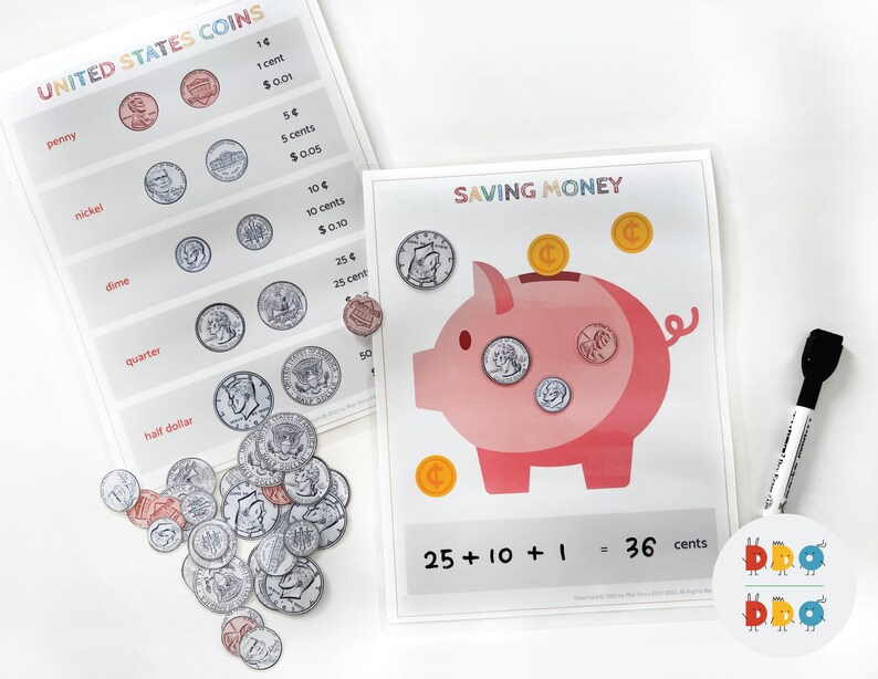 May include: A pink piggy bank with coins inside. The coins are labeled with their values: 25 cents, 10 cents, and 1 cent. The text "25 + 10 + 1 = 36 cents" is written below the piggy bank.