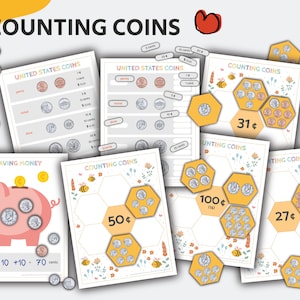 May include: A set of printable worksheets for counting US coins. The worksheets feature images of coins and bee-themed designs. The worksheets include the text "Counting Coins", "United States Coins", and "Saving Money".