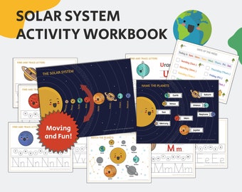 太陽系の印刷可能なワークシート、ビジーブック、幼稚園と小学校向けの科学ワークシート、ホームスクール学習、アルファベット学習、即時ダウンロード