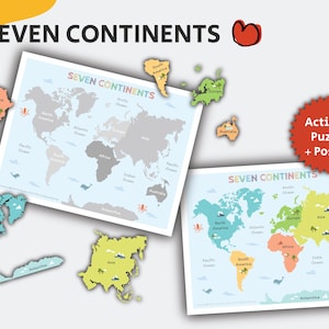 Rompecabezas de los siete continentes, mapa mundial imprimible, continentes del mundo, cartel educativo, tabla de aprendizaje, actividad de educación en el hogar, descarga instantánea