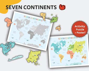 Seven Continents Puzzle, Printable World Map, World Continents, Educational Poster, Learning Chart, Homeschool Activity, Instant Download