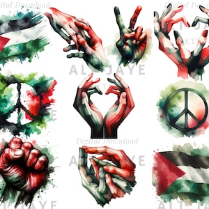 Clipart Palestina libre de acuarela (10) Fondo transparente, PNG, Arte digital, Alta resolución, Descarga instantánea / Signo de la paz, Bandera, Corazón, Manos