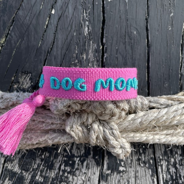 Bracelet de déclaration brodé toile bracelet d'amitié bracelet tissé police brodée, style bohème, it-piece, DOG MOM violet turquoise