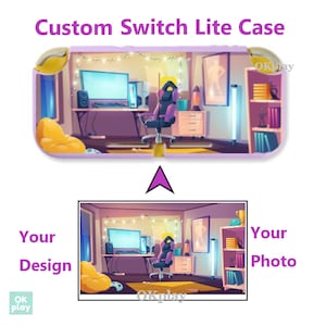May include: A purple and yellow custom Nintendo Switch Lite case with a cartoon image of a gaming room. The case has the text "Your Design" on the left and "Your Photo" on the right. The image shows a gaming chair, a desk with a computer, and a bookshelf.