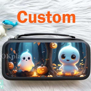 May include: Black carrying case with a Halloween-themed design. The case features a forest scene with two cartoon ghosts, pumpkins, and the word "Custom" in orange. A handle and zipper are visible.