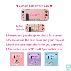 May include: A pink Nintendo Switch case with the word "Custom" printed on it. The case is made of TPU soft material and comes in three pieces. The image also shows examples of custom designs for the case, including a princess-themed design.