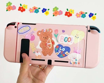 かわいいNintendo Switch 2ケース - ピンクベアソフトNintendo Switchシェル - Switch OLED保護カバー - Nintendo Joy-Con用交換シェル