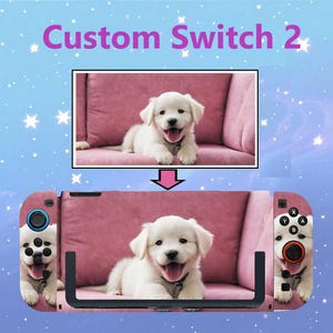 Może przedstawiać: Niestandardowy projekt Switch 2 z białym szczeniakiem na różowym tle. Projekt jest zastosowany do konsoli Nintendo Switch i jej kontrolerów. Tekst "Custom Switch 2" jest wyświetlany u góry obrazu.